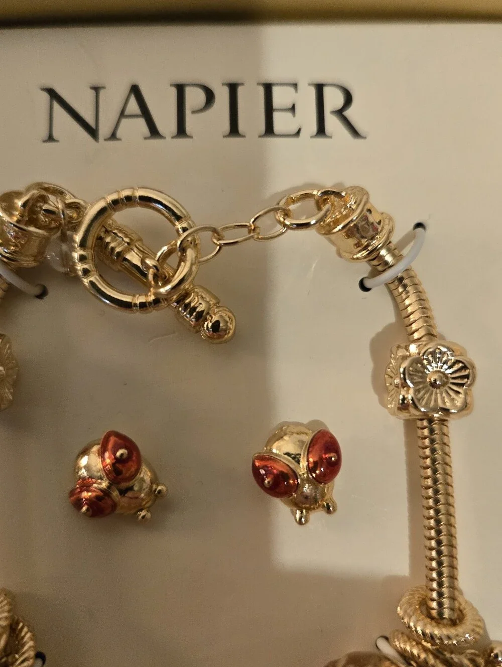 Napier New Gold Tone Charm Bracelet & Stud Earring Set Floral Lady Bug Butterfly